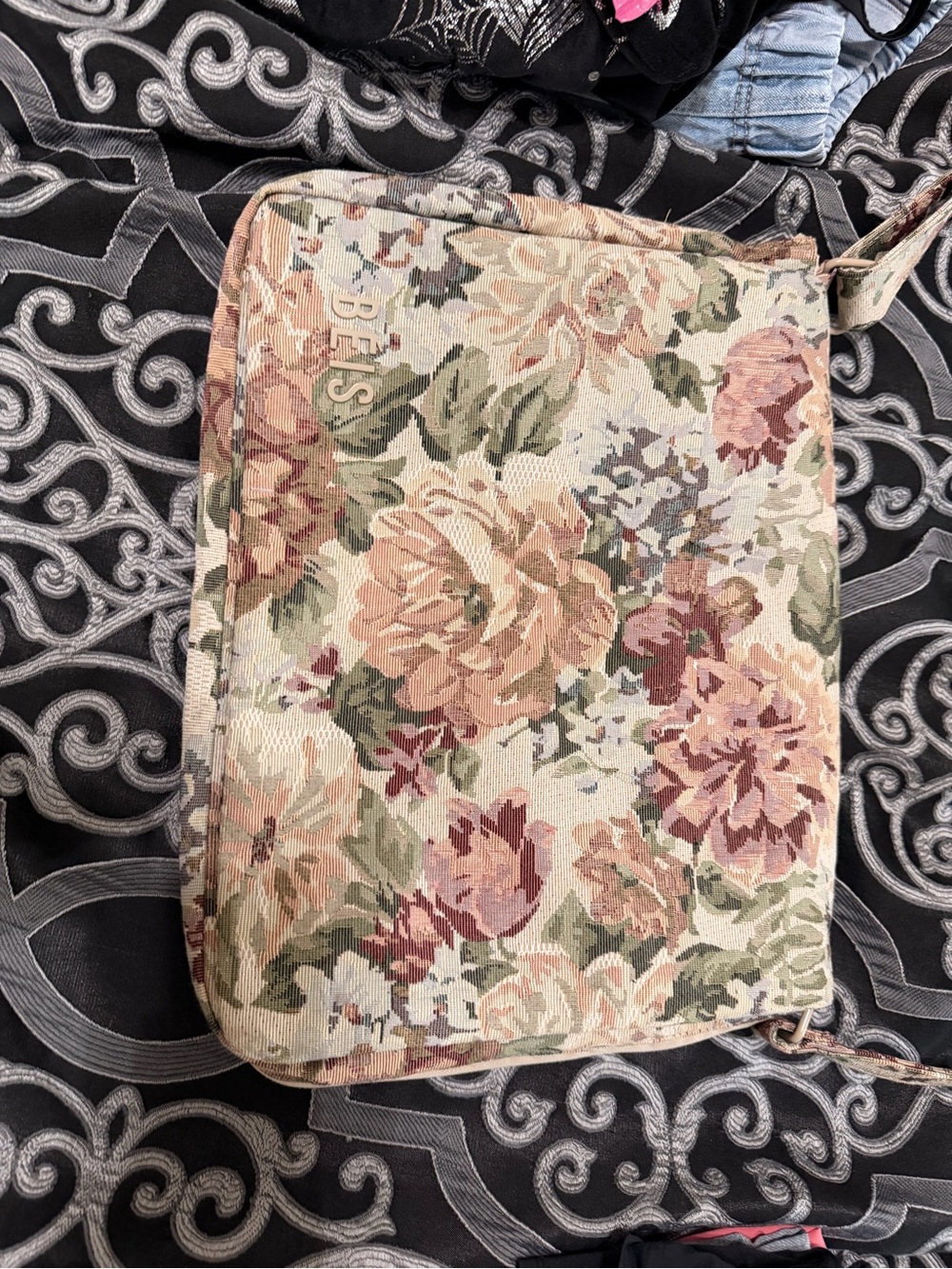 BEIS Floral Tapestry Crossbody Bag - Beige, Pink, Green